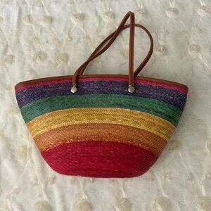 🌈 Woven Multicolor Rainbow Pride Straw Tote Bag with Brown Trim Gay Lesbian
